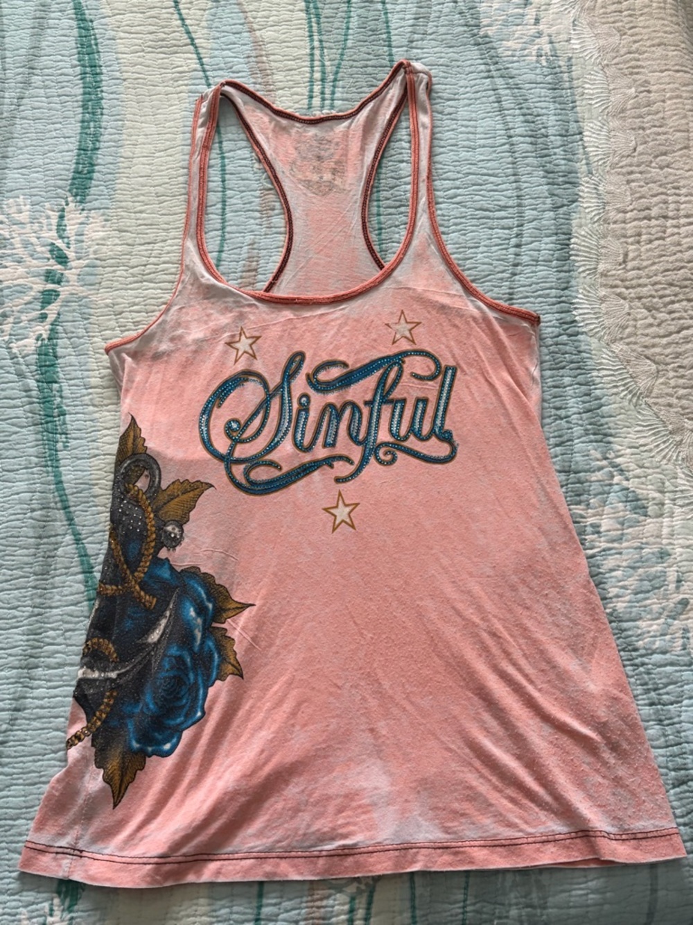Sinful Orange Racerback Tank Top with Blue Rose Graphic